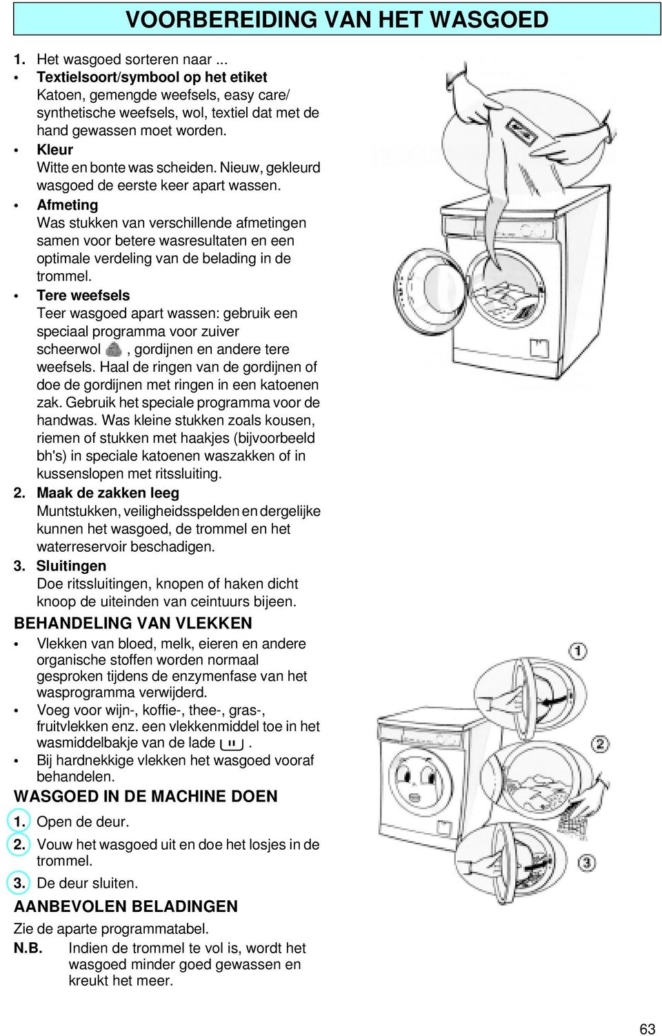 Nieuw, gekleurd wasgoed de eerste keer apart wassen. Afmeting Was stukken van verschillende afmetingen samen voor betere wasresultaten en een optimale verdeling van de belading in de trommel.