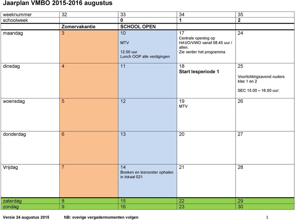 Zie verder het programma dinsdag 4 11 18 Start lesperiode 1 25 Voorlichtingsavond ouders klas 1 en 2 SEC 15.00 16.