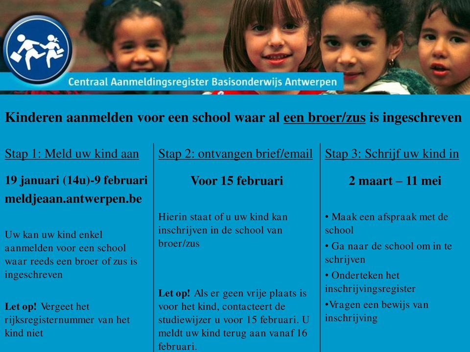 Vergeet het rijksregisternummer van het kind niet Stap 2: ontvangen brief/email Voor 15 februari Hierin staat of u uw kind kan inschrijven in de school van broer/zus Let op!