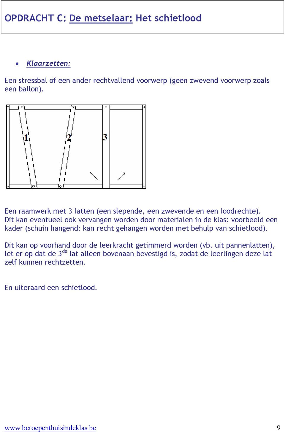 Dit kan eventueel ook vervangen worden door materialen in de klas: voorbeeld een kader (schuin hangend: kan recht gehangen worden met behulp van schietlood).