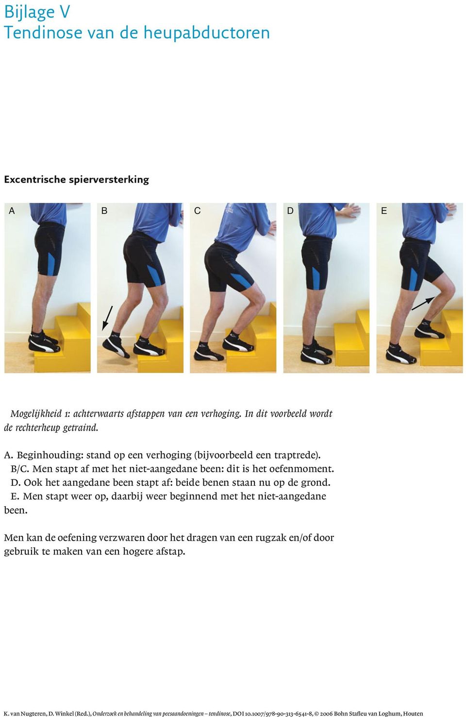 Men stapt af met het niet-aangedane been: dit is het oefenmoment. D. Ook het aangedane been stapt af: beide benen staan nu op de grond. E.