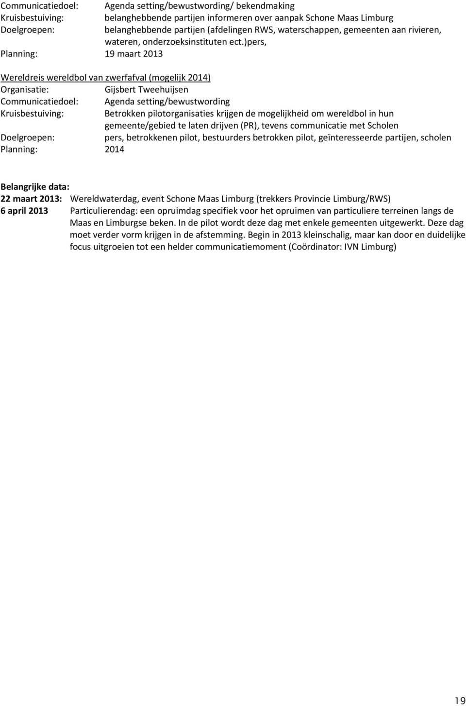 )pers, Planning: 19 maart 2013 Wereldreis wereldbol van zwerfafval (mogelijk 2014) Gijsbert Tweehuijsen Communicatiedoel: Agenda setting/bewustwording Kruisbestuiving: Betrokken pilotorganisaties
