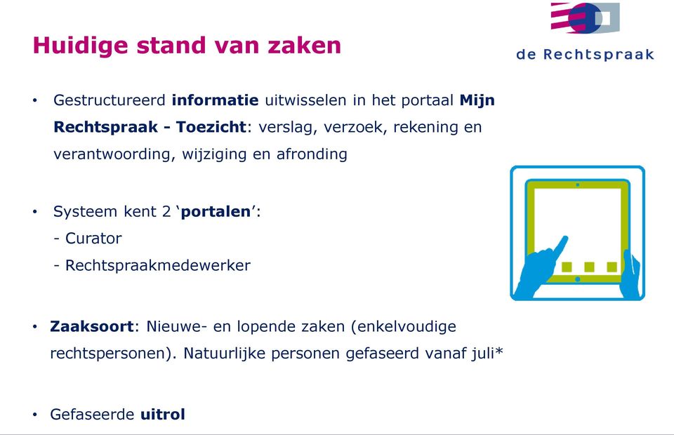 afronding Systeem kent 2 portalen : - Curator - Rechtspraakmedewerker Zaaksoort: Nieuwe-