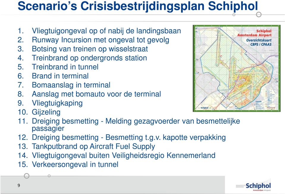 Aanslag met bomauto voor de terminal 9. Vliegtuigkaping 10. Gijzeling 11. Dreiging besmetting - Melding gezagvoerder van besmettelijke passagier 12.