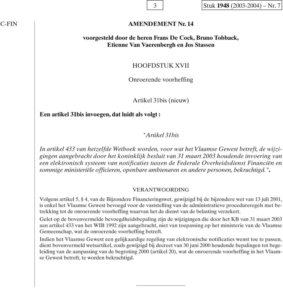 (nieuw) "Artikel 31bis In artikel 433 van hetzelfde Wetboek worden, voor wat het Vlaamse Gewest betreft, de wijzigingen aangebracht door het koninklijk besluit van 31 maart 2003 houdende invoering