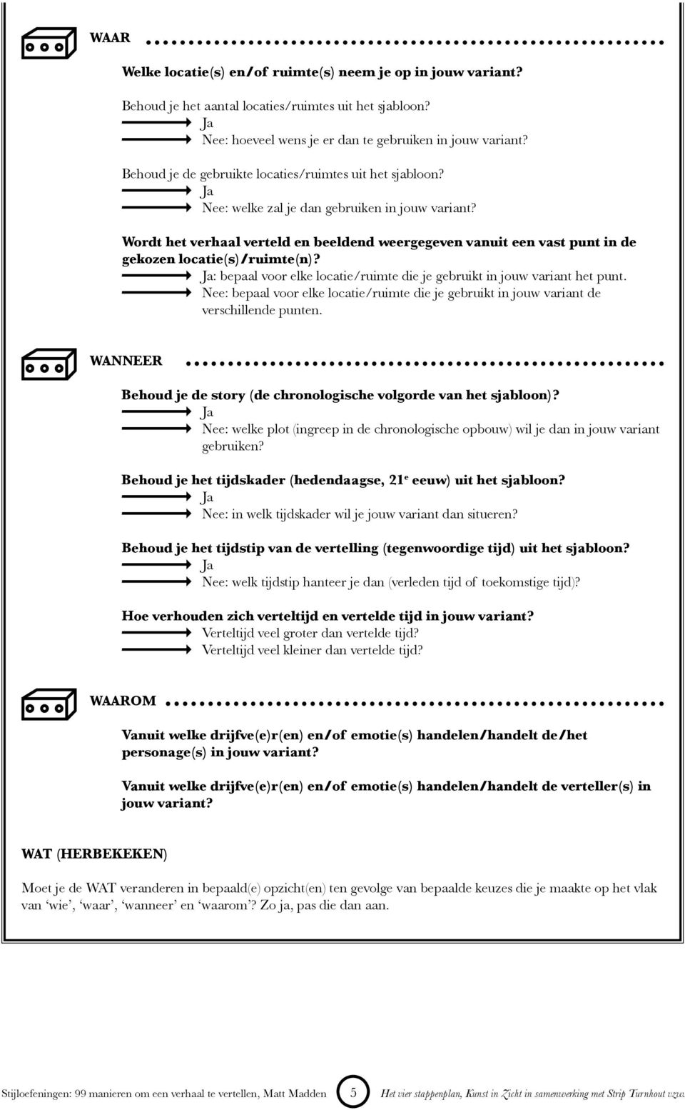 Wordt het verhaal verteld en beeldend weergegeven vanuit een vast punt in de gekozen locatie(s)/ruimte(n)? : bepaal voor elke locatie/ruimte die je gebruikt in jouw variant het punt.