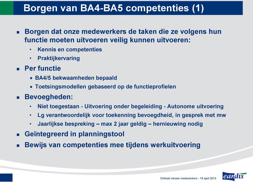 functieprofielen Bevoegheden: Niet toegestaan - Uitvoering onder begeleiding - Autonome uitvoering Lg verantwoordelijk voor toekenning