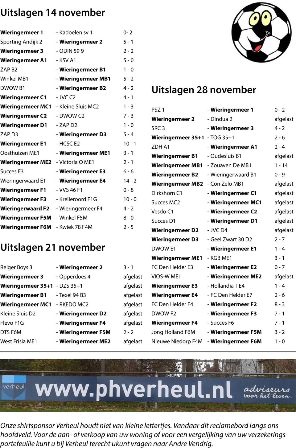 Wieringermeer D3 5-4 Wieringermeer E1 - HCSC E2 10-1 Oosthuizen ME1 - Wieringermeer ME1 3-1 Wieringermeer ME2 - Victoria O ME1 2-1 Succes E3 - Wieringermeer E3 6-6 Wieringerwaard E1 - Wieringermeer