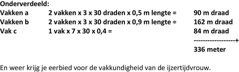 draad Vak c 1 vak x 7 x 30 x 0,4 = 84 m draad ------------------+ 336