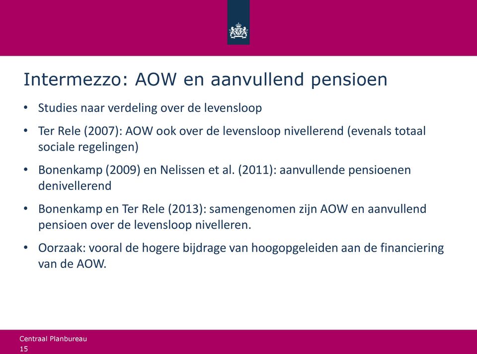 (2011): aanvullende pensioenen denivellerend Bonenkamp en Ter Rele (2013): samengenomen zijn AOW en aanvullend