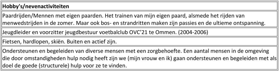 (2004-2006) Fietsen, hardlopen, skiën. Buiten en actief zijn. Ondersteunen en begeleiden van diverse mensen met een zorgbehoefte.