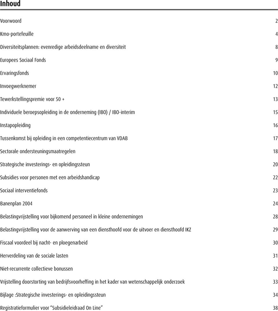 Strategische investerings- en opleidingssteun 20 Subsidies voor personen met een arbeidshandicap 22 Sociaal interventiefonds 23 Banenplan 2004 24 Belastingvrijstelling voor bijkomend personeel in