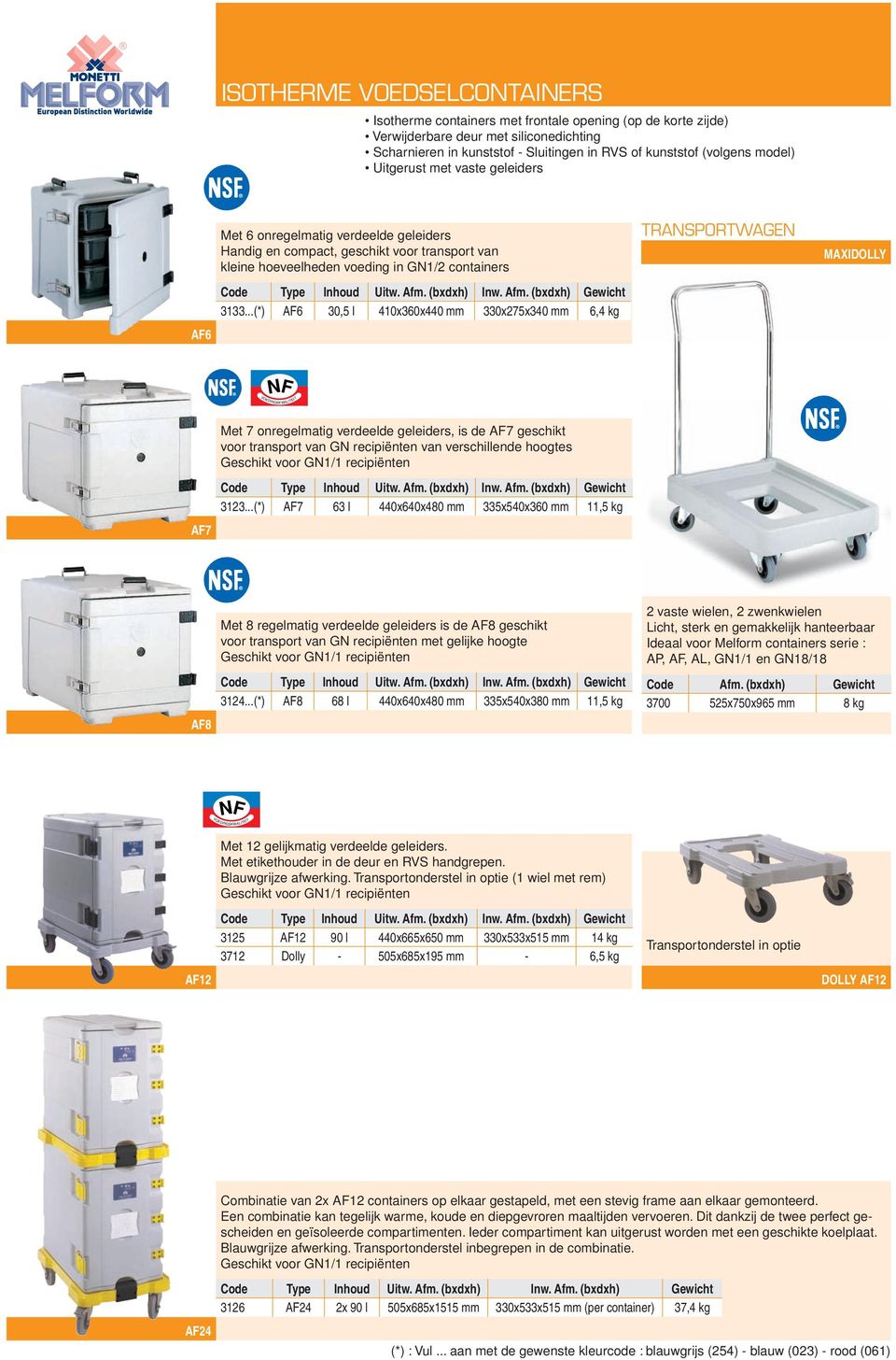 ..(*) AF6 30,5 l 410x360x440 mm 330x275x340 mm 6,4 kg AF6 TRANSPORTWAGEN MAXIDOLLY AF7 Met 7 onregelmatig verdeelde geleiders, is de AF7 geschikt voor transport van GN recipiënten van verschillende