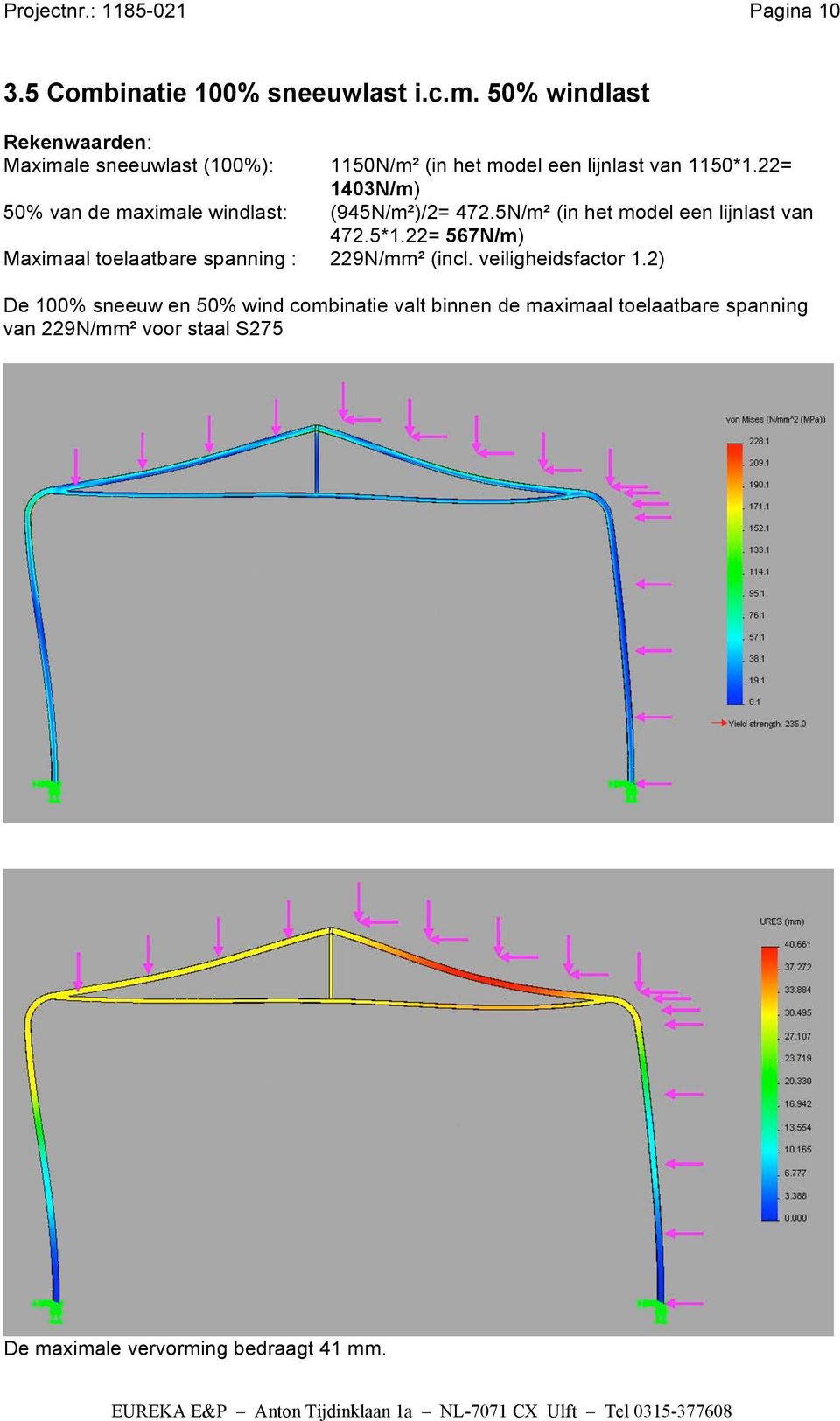 50% windlast Rekenwaarden: Maximale sneeuwlast (100%): 1150N/m² (in het model een lijnlast van 1150*1.