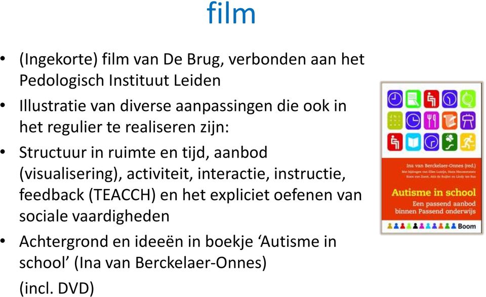 (visualisering), activiteit, interactie, instructie, feedback (TEACCH) en het expliciet oefenen van