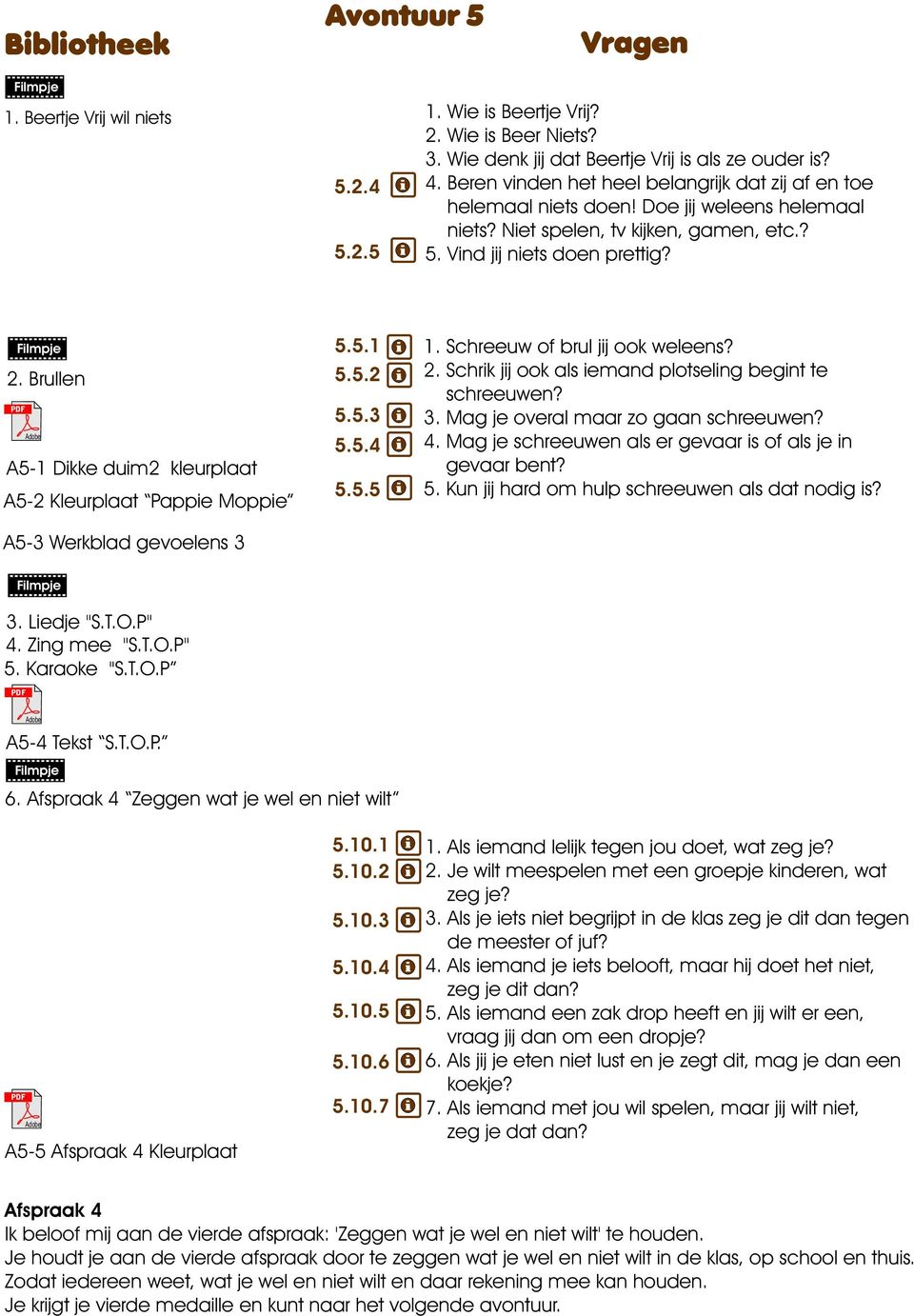 Brullen A5-1 Dikke duim2 kleurplaat A5-2 Kleurplaat Pappie Moppie A5-3 Werkblad gevoelens 3 5.5.1 5.5.2 5.5.3 5.5.4 5.5.5 1. Schreeuw of brul jij ook weleens? 2.