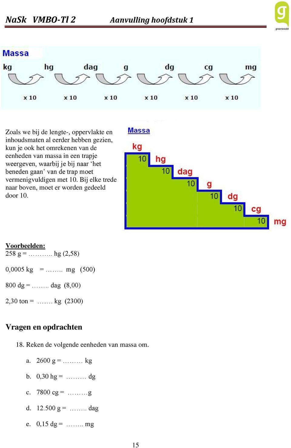 Bij elke trede naar boven, moet er worden gedeeld door 10. Voorbeelden: 258 g =.. hg (2,58) 0,0005 kg =.. mg (500) 800 dg =.