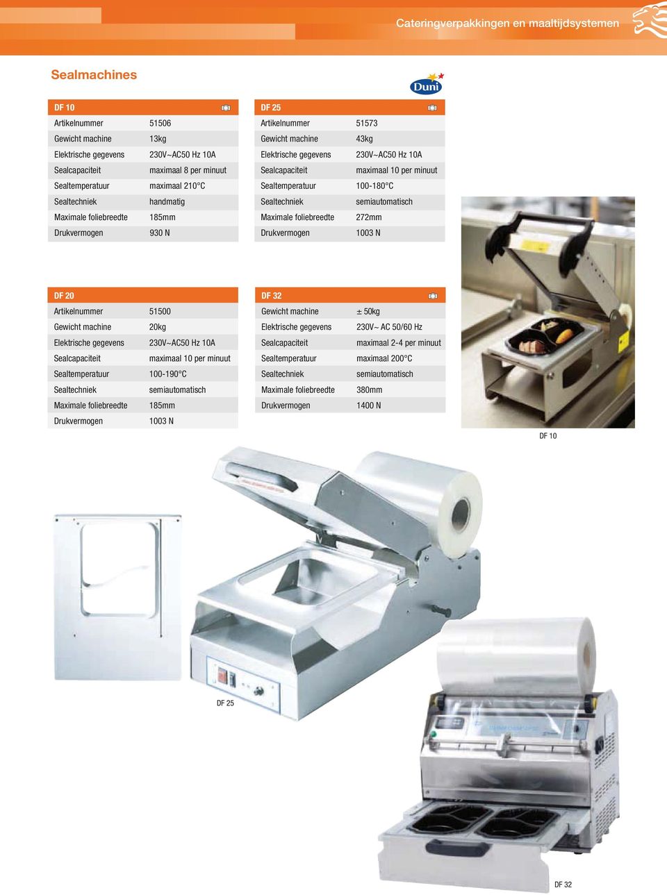 Maximale foliebreedte 272mm Drukvermogen 930 N Drukvermogen 1003 N DF 20 DF 32 Artikelnummer 51500 Gewicht machine ± 50kg Gewicht machine 20kg Elektrische gegevens 230V~ AC 50/60 Hz Elektrische