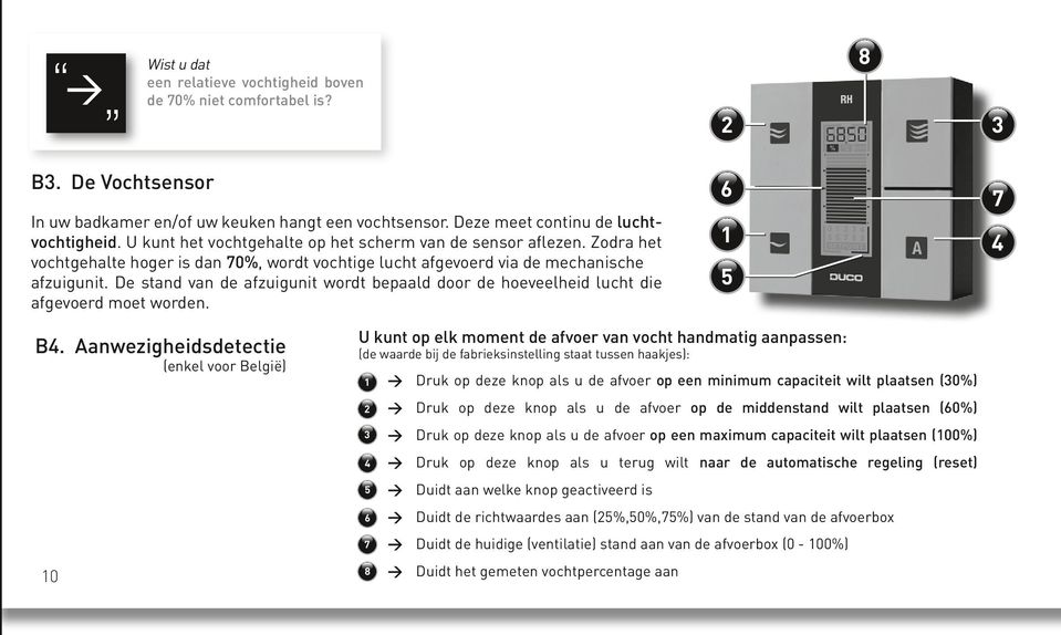 De stand van de afzuigunit wordt bepaald door de hoeveelheid lucht die afgevoerd moet worden. 6 1 5 7 4 B4.