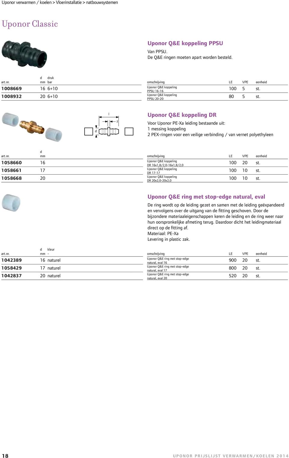 z Uponor Q&E koppeing DR Voor Uponor PE-Xa eiing bestaane uit: 1 messing koppeing 2 PEX-ringen voor een veiige verbining / van vernet poyethyeen 1058660 16 1058661 17 1058668 20 Uponor Q&E koppeing