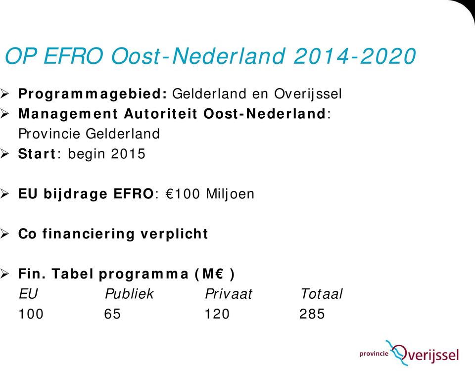 Gelderland Start: begin 2015 EU bijdrage EFRO: 100 Miljoen Co