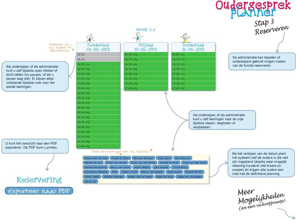 Als onderwijzer of als administratie kunt u zelf leerlingen naar de vrije tijdslots slepen, weghalen of verplaatsen. U kunt het overzicht naar een PDF exporteren.