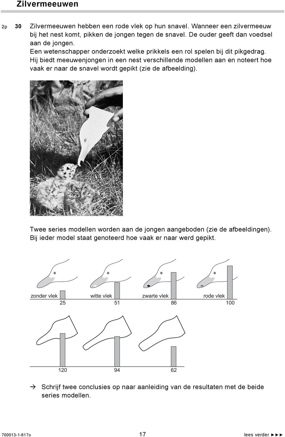 Hij biedt meeuwenjongen in een nest verschillende modellen aan en noteert hoe vaak er naar de snavel wordt gepikt (zie de afbeelding).