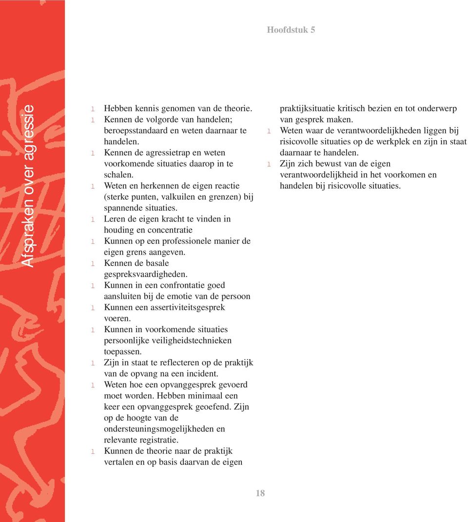 Leren de eigen kracht te vinden in houding en concentratie Kunnen op een professionee manier de eigen grens aangeven. Kennen de basae gespreksvaardigheden.