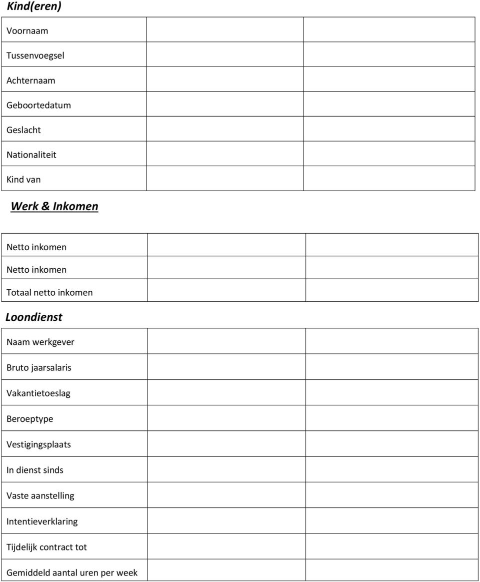 werkgever Bruto jaarsalaris Vakantietoeslag Beroeptype Vestigingsplaats In dienst sinds