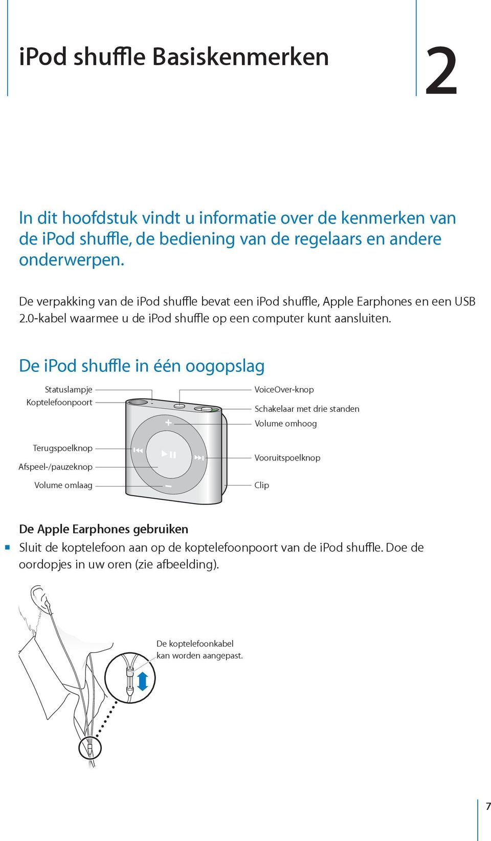 De ipod shuffle in één oogopslag Statuslampje Koptelefoonpoort Terugspoelknop Afspeel-/pauzeknop Volume omlaag VoiceOver-knop Schakelaar met drie standen Volume omhoog