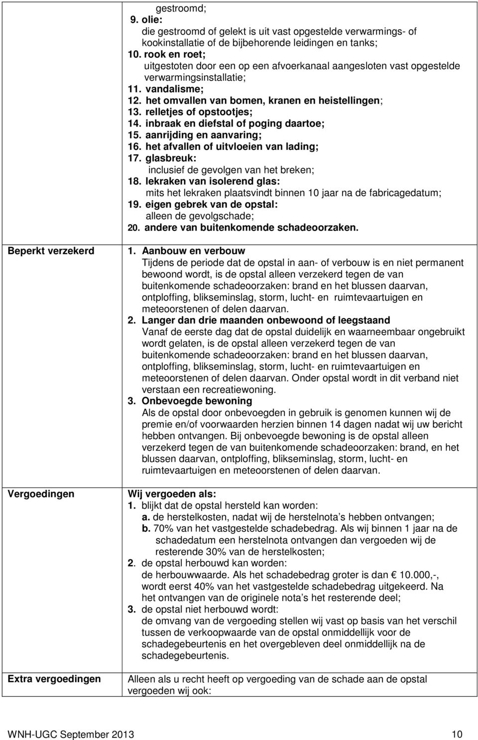 relletjes of opstootjes; 14. inbraak en diefstal of poging daartoe; 15. aanrijding en aanvaring; 16. het afvallen of uitvloeien van lading; 17. glasbreuk: inclusief de gevolgen van het breken; 18.