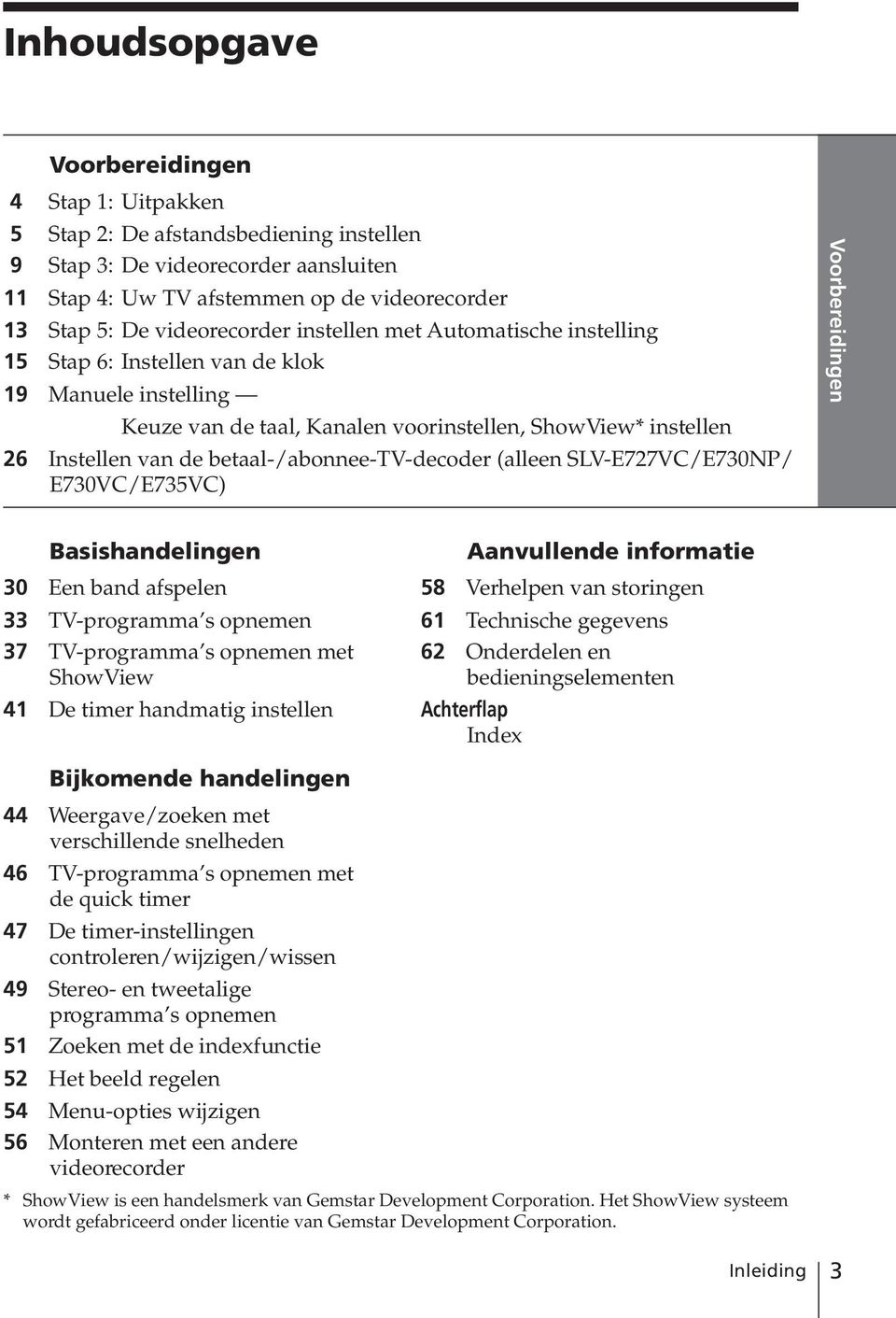 betaal-/abonnee-tv-decoder (alleen SLV-E727VC/E730NP/ E730VC/E735VC) Voorbereidingen Basishandelingen 30 Een band afspelen 33 TV-programma s opnemen 37 TV-programma s opnemen met ShowView 41 De timer