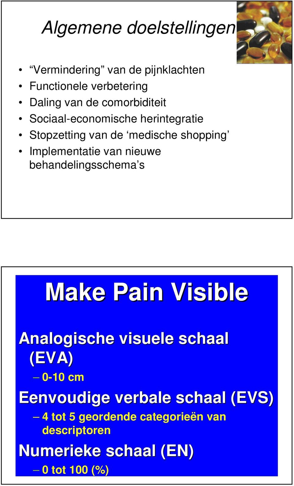 nieuwe behandelingsschema s Make Pain Visible Analogische visuele schaal (EVA) 0-10 cm Eenvoudige verbale