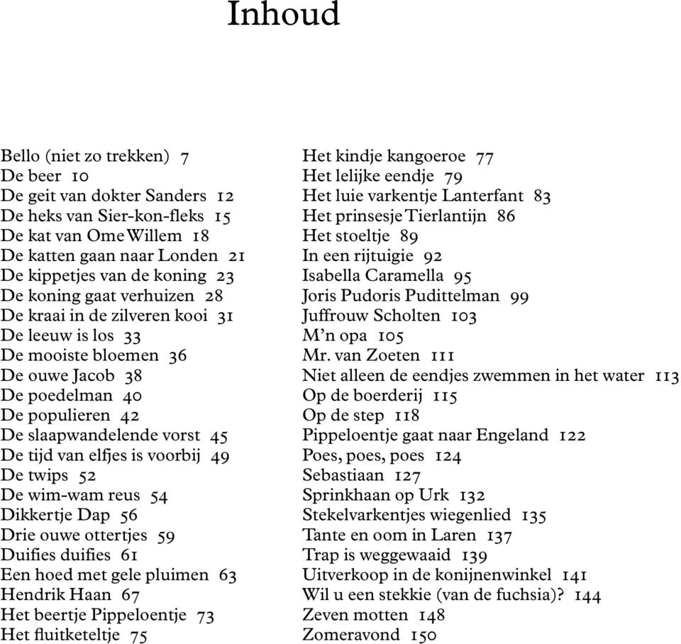 49 De twips 52 De wim-wam reus 54 Dikkertje Dap 56 Drie ouwe ottertjes 59 Duifies duifies 61 Een hoed met gele pluimen 63 Hendrik Haan 67 Het beertje Pippeloentje 73 Het fluitketeltje 75 Het kindje