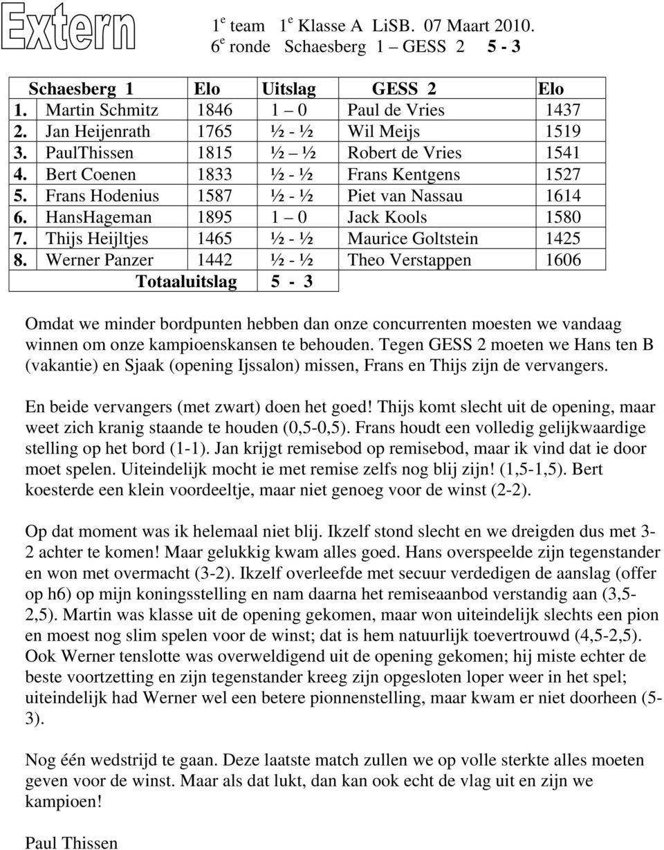 HansHageman 1895 1 0 Jack Kools 1580 7. Thijs Heijltjes 1465 ½ - ½ Maurice Goltstein 1425 8.