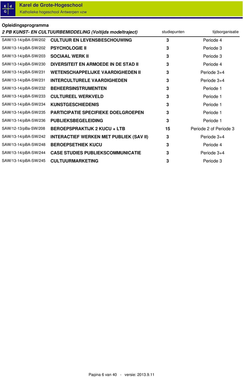 II 3 Periode 3+4 SAW/13-14/pBA-SW/231 INTERCULTURELE VAARDIGHEDEN 3 Periode 3+4 SAW/13-14/pBA-SW/232 BEHEERSINSTRUMENTEN 3 Periode 1 SAW/13-14/pBA-SW/233 CULTUREEL WERKVELD 3 Periode 1