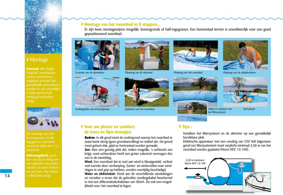 Controle van de elementen Plaatsing van de vloermat Plaatsing van het zwembad Plaatsing van de afsluitschijven Aankoppelen van de luchtpomp Opblazen van het zwembad Vullen en plaatsen van het