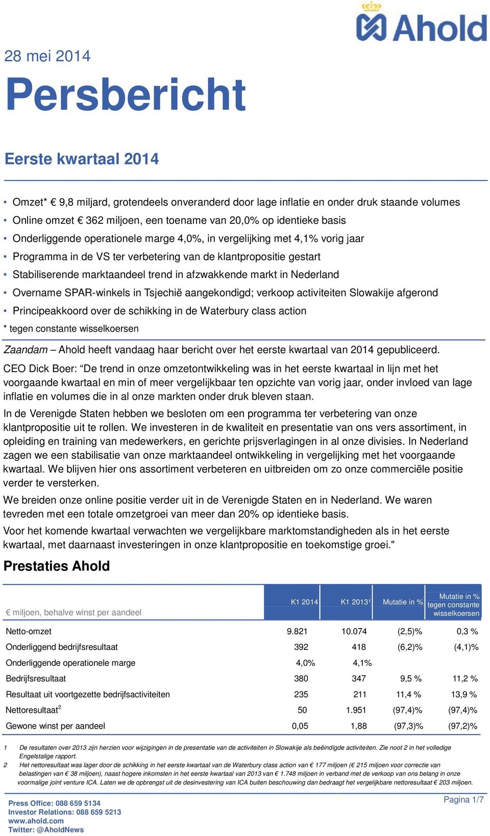 markt in Nederland Overname SPAR-winkels in Tsjechië aangekondigd; verkoop activiteiten Slowakije afgerond Principeakkoord over de schikking in de Waterbury class action * tegen constante