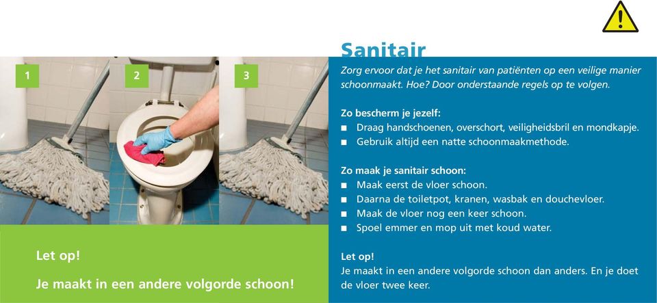 Zo maak je sanitair schoon: Maak eerst de vloer schoon. Daarna de toiletpot, kranen, wasbak en douchevloer. Maak de vloer nog een keer schoon.