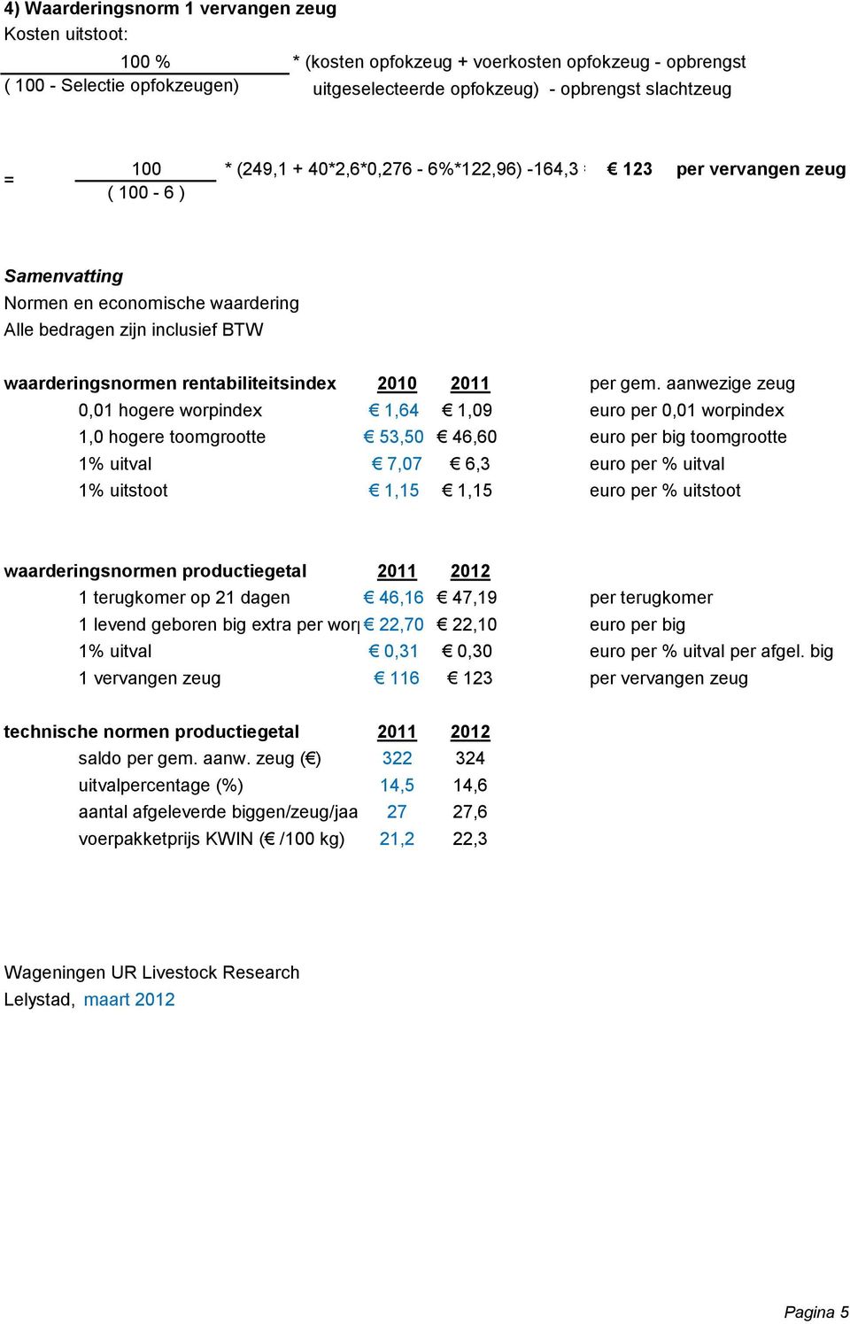 aanwezige zeug 0,01 hogere worpindex 1,64 1,09 euro per 0,01 worpindex 1,0 hogere toomgrootte 53,50 46,60 euro per big toomgrootte 1% uitval 7,07 6,3 euro per % uitval 1% uitstoot 1,15 1,15 euro per