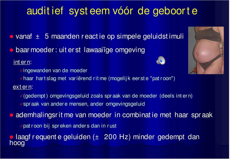 omgevingsgeluid zoals spraak van de moeder (deels intern) spraak van andere mensen, ander omgevingsgeluid ademhalingsritme