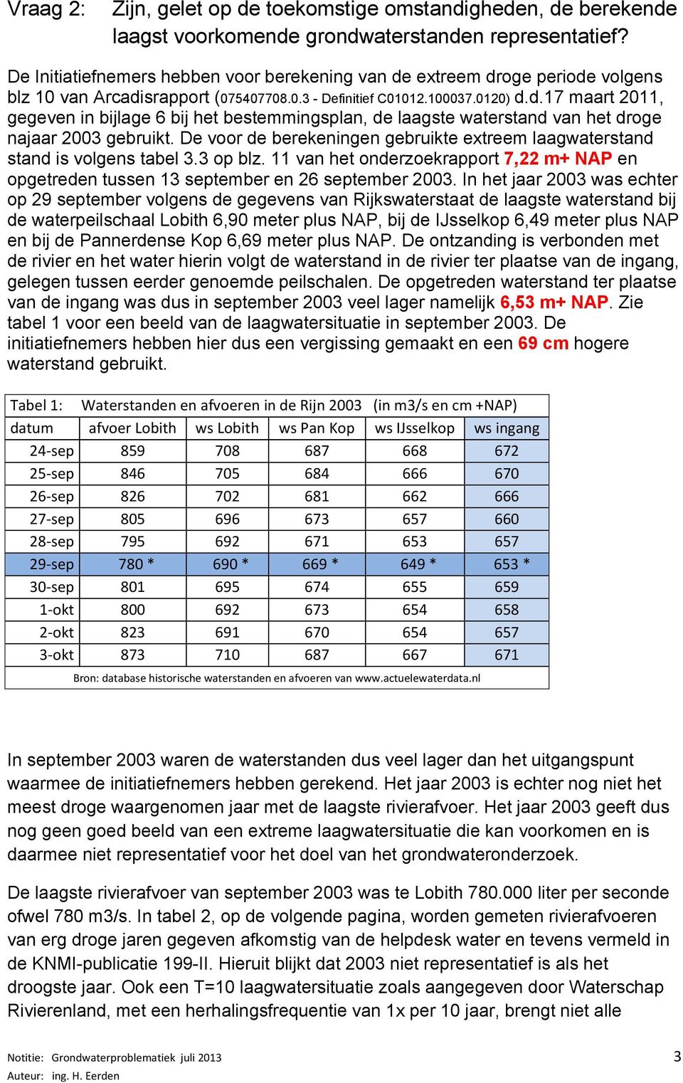 De voor de berekeningen gebruikte extreem laagwaterstand stand is volgens tabel 3.3 op blz. 11 van het onderzoekrapport 7,22 m+ NAP en opgetreden tussen 13 september en 26 september 2003.