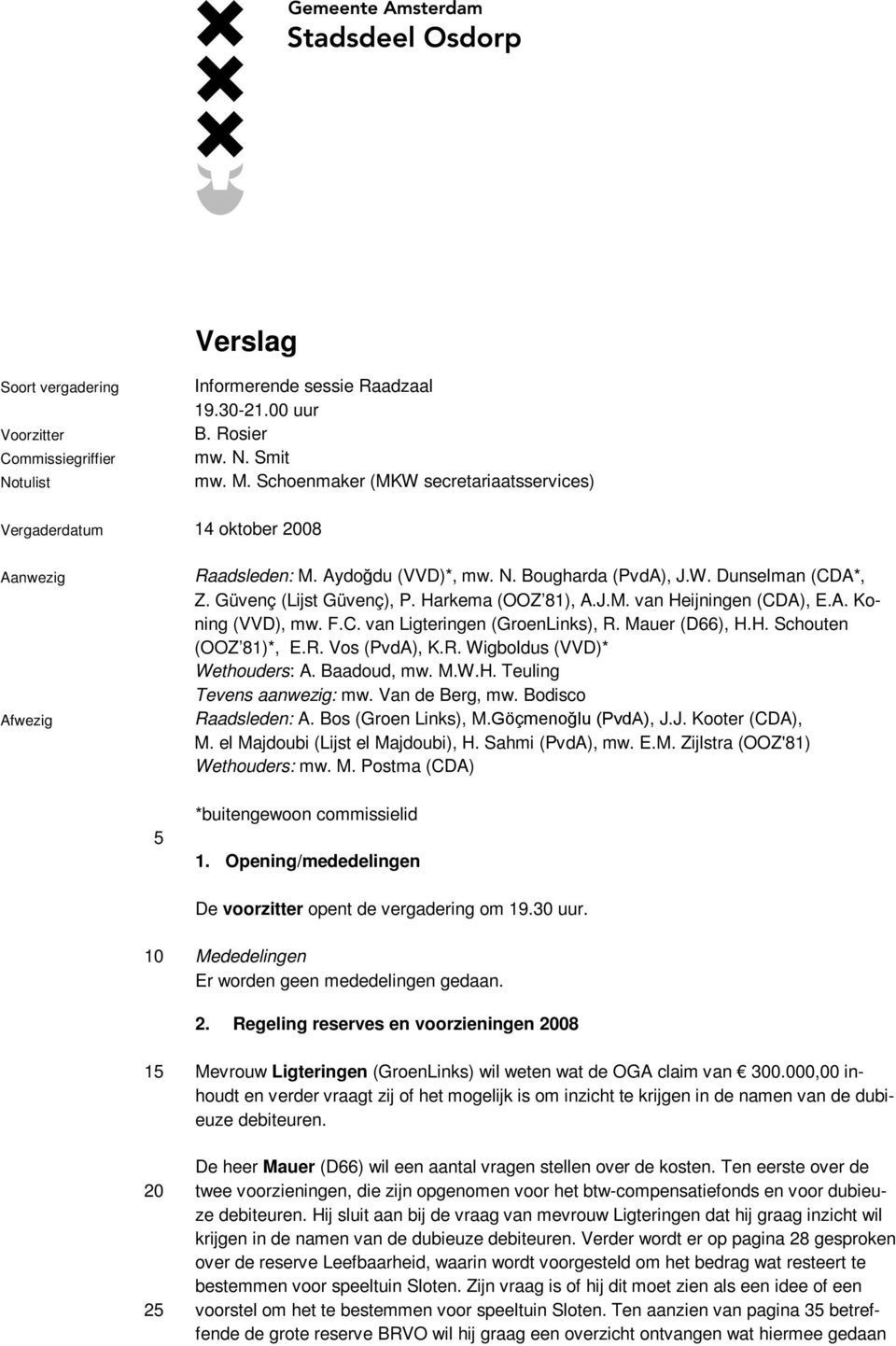 Harkema (OOZ 81), A.J.M. van Heijningen (CDA), E.A. Koning (VVD), mw. F.C. van Ligteringen (GroenLinks), R. Mauer (D66), H.H. Schouten (OOZ 81)*, E.R. Vos (PvdA), K.R. Wigboldus (VVD)* Wethouders: A.