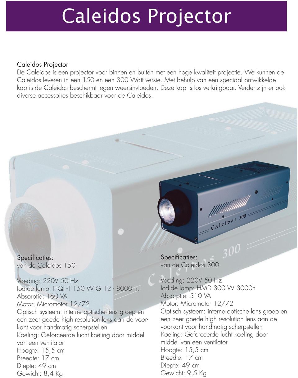 Specificaties: van de Caleidos 150 Voeding: 220V 50 Hz Iodide lamp: HQI -T 150 W G 12-8000 h.