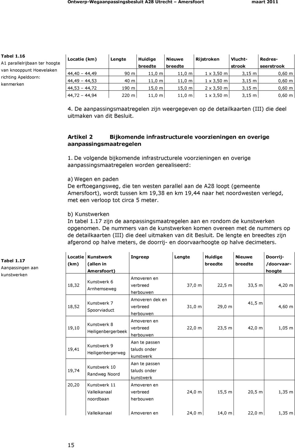 De volgende bijkomende infrastructurele voorzieningen en overige aanpassingsmaatregelen worden gerealiseerd: a) Wegen en paden De erftoegangsweg, die ten westen parallel aan de A28 loopt (gemeente