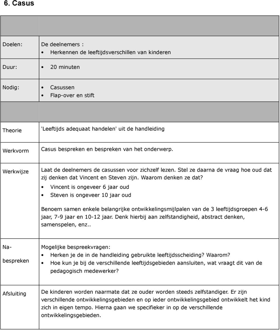 Waarom denken ze dat? Vincent is ongeveer 6 jaar oud Steven is ongeveer 10 jaar oud Benoem samen enkele belangrijke ontwikkelingsmijlpalen van de 3 leeftijdsgroepen 4-6 jaar, 7-9 jaar en 10-12 jaar.