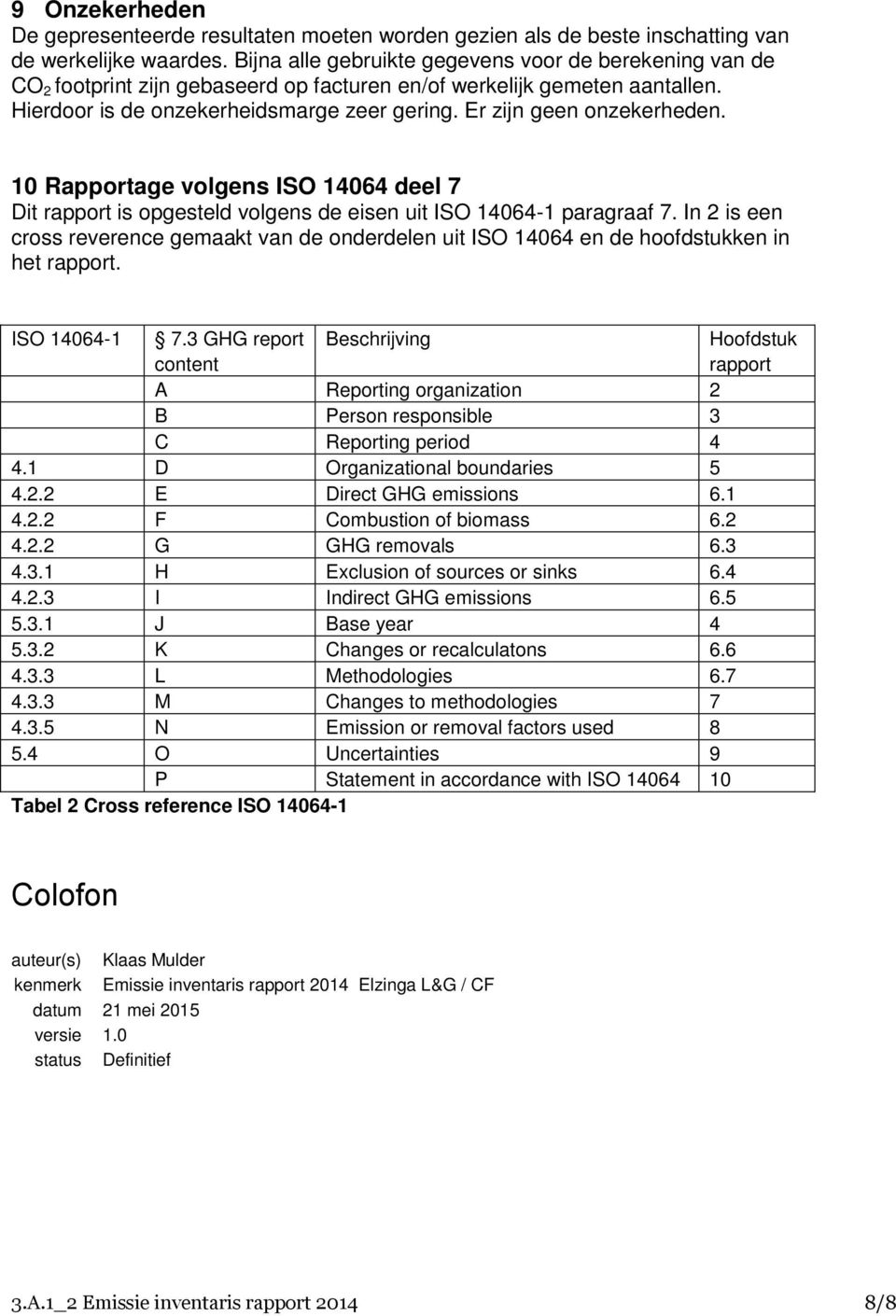 Er zijn geen onzekerheden. 10 Rapportage volgens ISO 14064 deel 7 Dit rapport is opgesteld volgens de eisen uit ISO 14064-1 paragraaf 7.