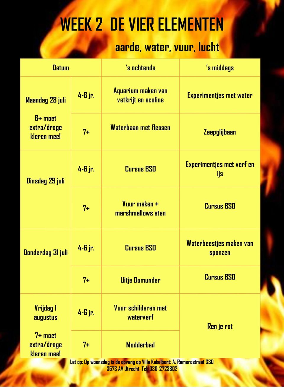 Waterbaan met flessen Zeepglijbaan Dinsdag 29 juli Experimentjes met verf en ijs Vuur maken + marshmallows