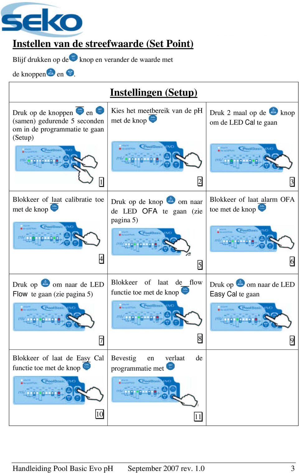 gaan knop 1 2 3 Blokkeer of laat calibratie toe met de knop Druk op de knop om naar de LED OFA te gaan (zie pagina 5) Blokkeer of laat alarm OFA toe met de knop 4 Druk op om naar de LED Flow