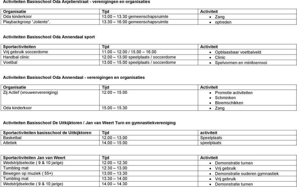 00 Opblaasbaar voetbalveld Handbal clinic 12.00 13.00 speelplaats / soccerdome Clinic Voetbal 13.00 15.